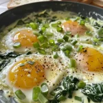 A close-up view of creamy spinach and eggs served in a bowl, showing a rich green color and soft eggs.