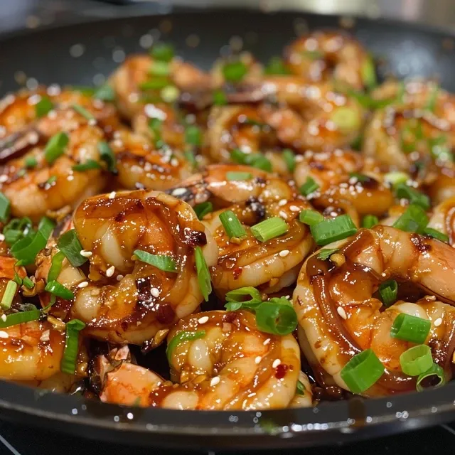 Close-up view of succulent shrimp in a glossy honey garlic sauce, with a sprinkle of sesame seeds.