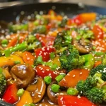Close-up of a colorful stir fry with bell peppers, broccoli, and mushrooms.