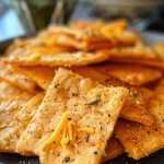A close-up view of homemade vegan cheese crackers with a golden-brown color and a crispy texture.