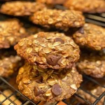 Close-up view of soft and chewy oatmeal cookies with a golden-brown texture.