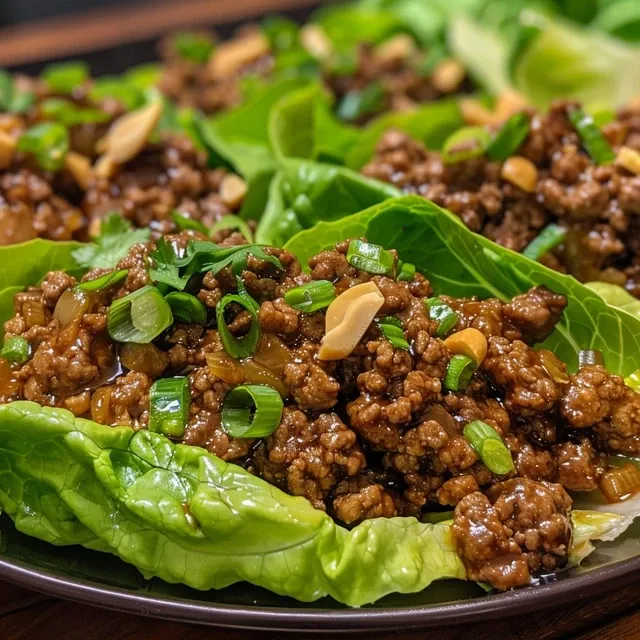 Juicy ground beef in lettuce cups with toppings displayed.