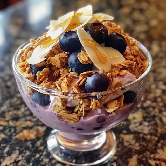 A side image of a jar filled with Greek yogurt, granola, and vibrant berries, garnished with mint leaves.