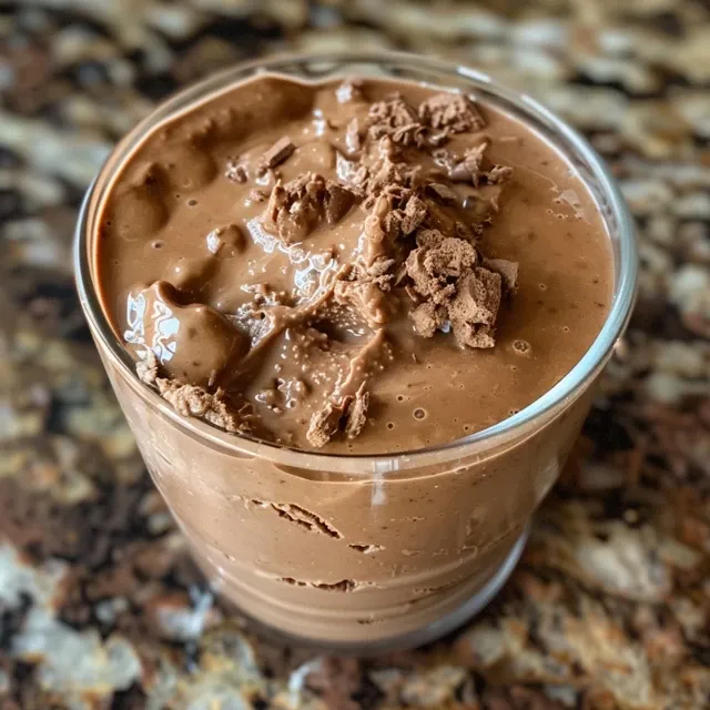 High protein chocolate pudding served in a cup, showing its rich texture and glossy finish.