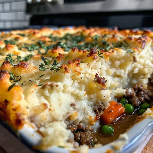 Side view of a hearty Shepherd's Pie, showcasing its crust and colorful filling of vegetables and meat.