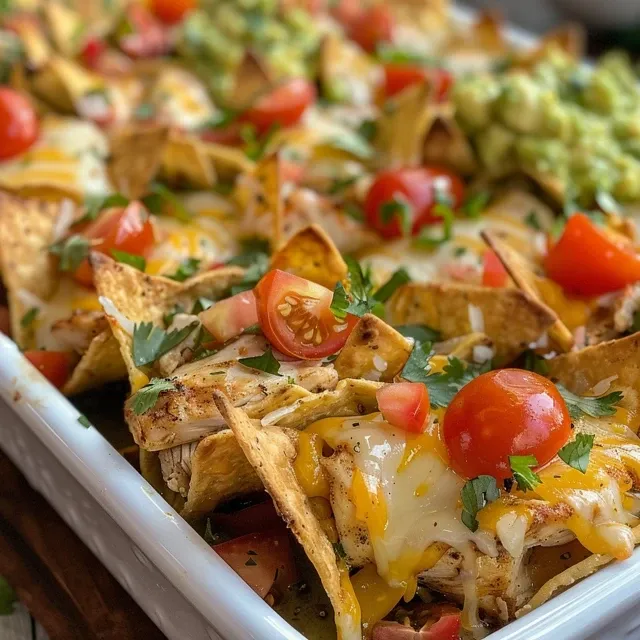 Side view of juicy Chicken Nacho Bites topped with fresh guacamole and cherry tomatoes.