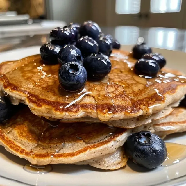 Juicy blueberry protein pancakes with a golden-brown exterior and fresh blueberries visible.