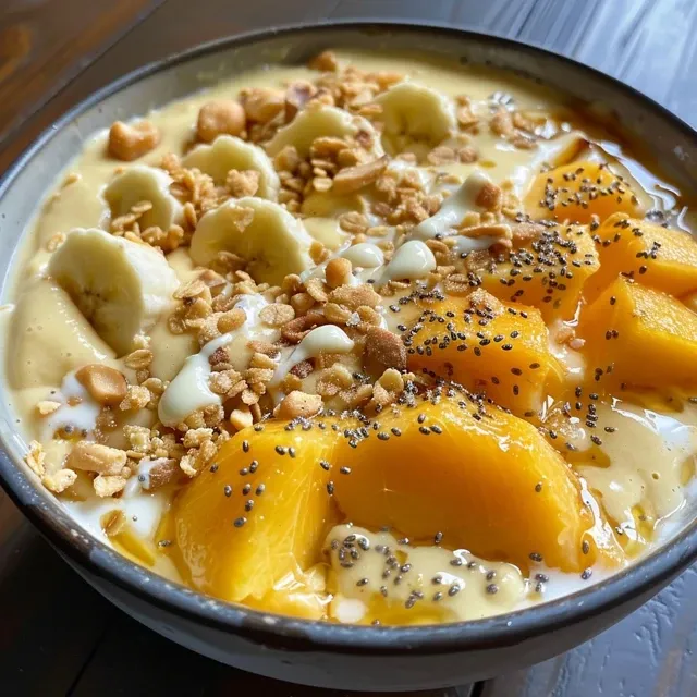A side view of a vibrant mango coconut smoothie in a glass with a straw.
