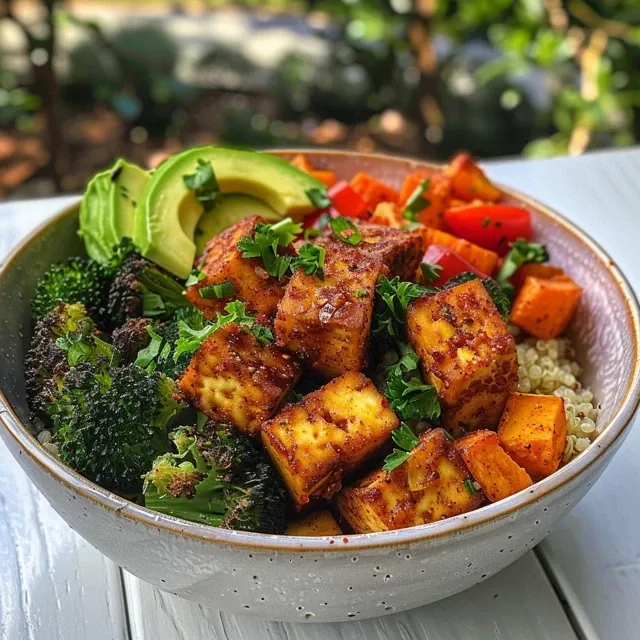 A delicious quinoa bowl featuring roasted vegetables and spiced tofu.