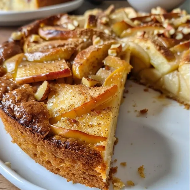 Side angle of a delicious apple yogurt cake, featuring chunks of fresh apples and a golden-brown crust.