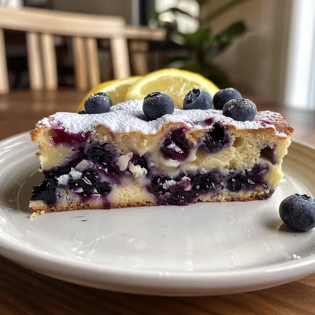Side view of a vibrant vegan lemon blueberry cake with lemon zest and blueberries.