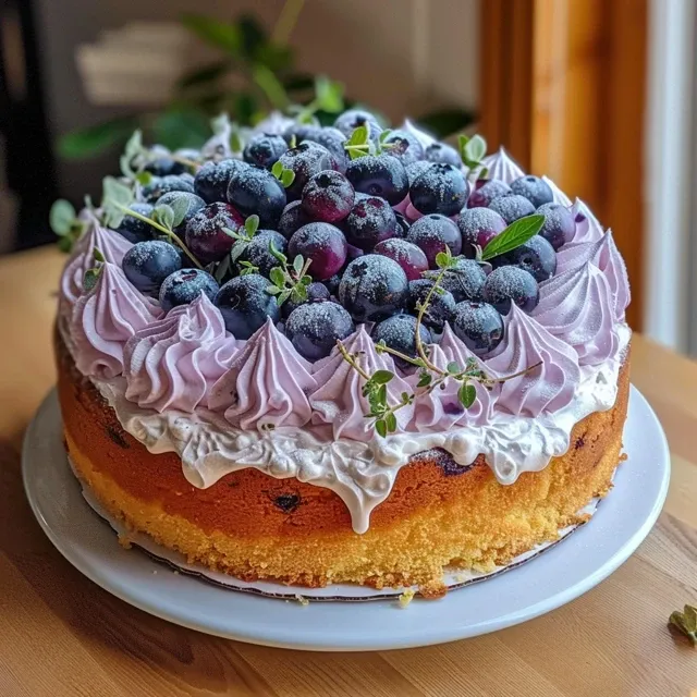 Side angle of a delicious blueberry chiffon cake showcasing its light, airy texture and vibrant color.