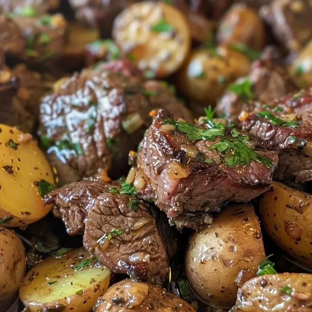 Side view of a bowl filled with slow-cooked steak bites and halved potatoes.