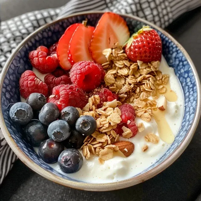 Side view of a colorful breakfast bowl featuring Greek yogurt, nuts, and honey.