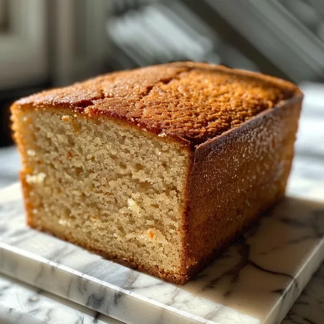 Side view of a golden-brown yogurt pound cake with a rich vanilla flavor.