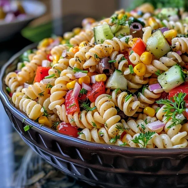 Side view of a deliciously textured creamy pasta salad in a bowl.