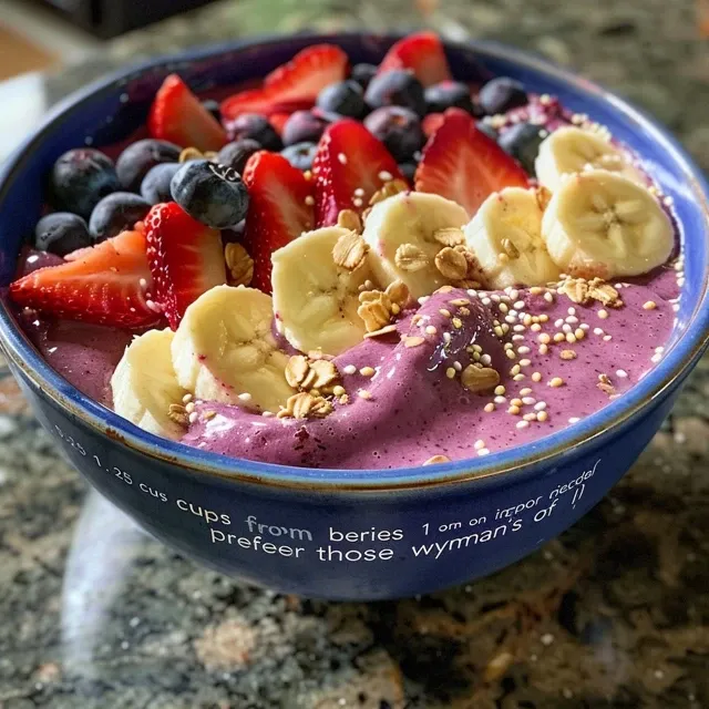 Close-up view of a homemade acai smoothie bowl with fresh fruit toppings.