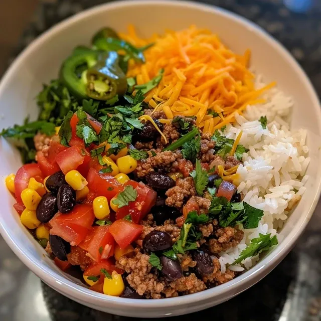 A delicious One Pot Burrito Bowl showcasing vibrant vegetables and melted cheese.