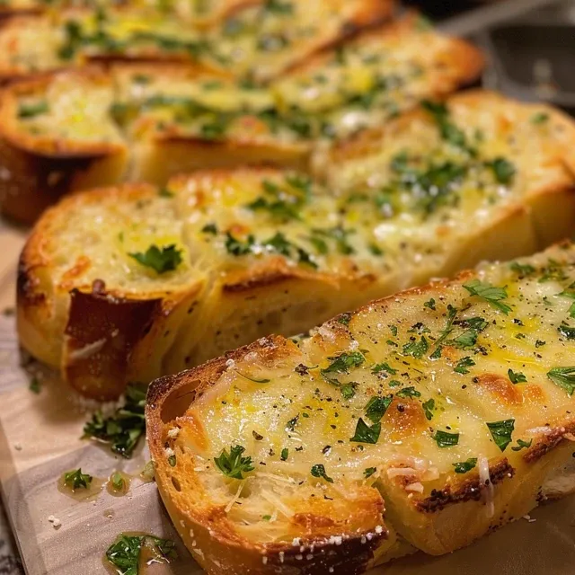 Side view of sliced garlic bread, showcasing melted butter and herbs.