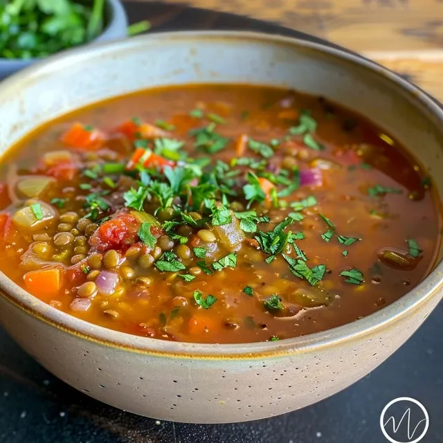 Side view of a steaming bowl of tomato lentil soup, showcasing its rich color and ingredients.