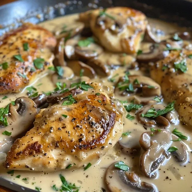Juicy chicken pieces and mushrooms in a creamy sauce, garnished with parsley.
