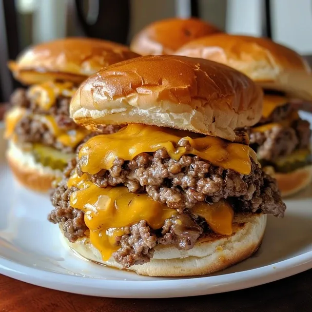 Side view of cheeseburger sliders with melted cheese and pickles.