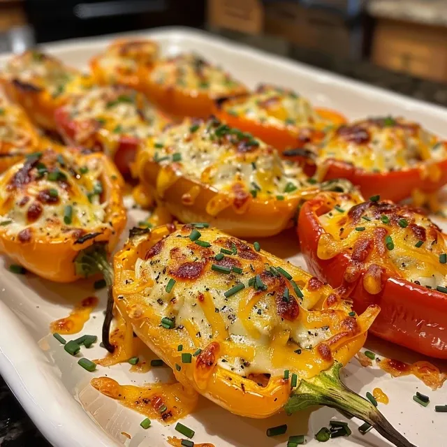 Side view of colorful cream cheese stuffed mini peppers on a plate.