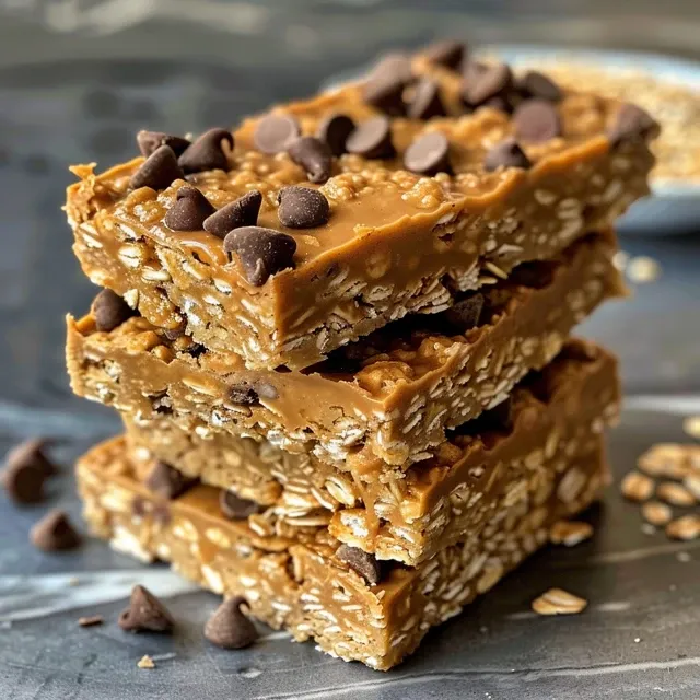 Side view of chocolate oat bars with a glossy top and oatmeal texture.