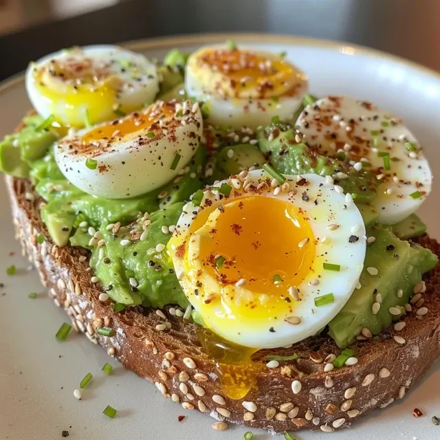 A vibrant avocado toast with a sliced hard-boiled egg, garnished with Everything Bagel seasoning.