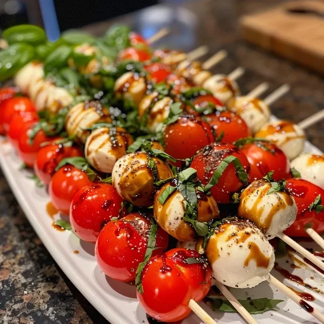Colorful Easy Caprese Skewers arranged on a wooden platter.
