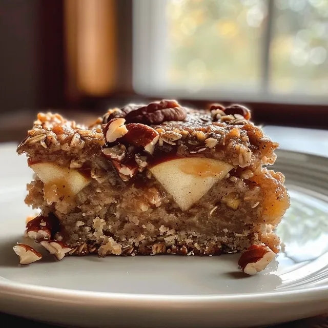 Side view of a freshly baked apple cake, with a soft texture and visible apple slices on top.