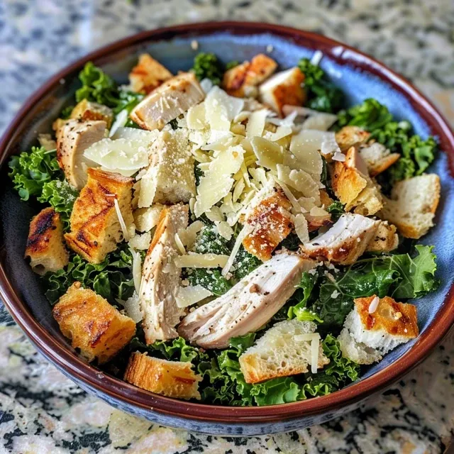 A vibrant Kale Caesar Salad displayed with juicy grilled chicken and croutons, featuring creamy dressing.