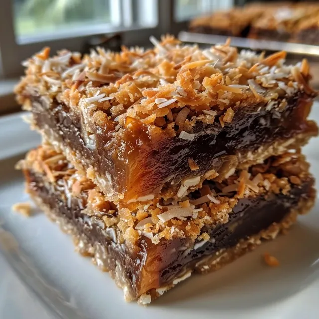 Side view of Coconut Caramel Bars showcasing creamy layers and shredded coconut.