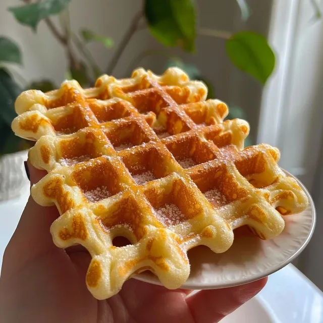 Side view of fluffy waffles with a drizzle of syrup and banana slices.