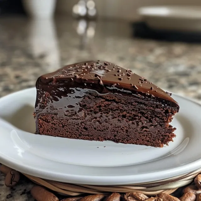 Side view of a moist gluten-free chocolate cake topped with smooth chocolate icing.