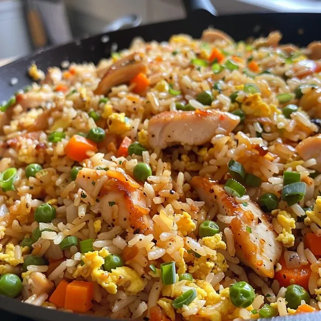 Side view of a rice bowl featuring golden, crispy chicken pieces and colorful vegetables.