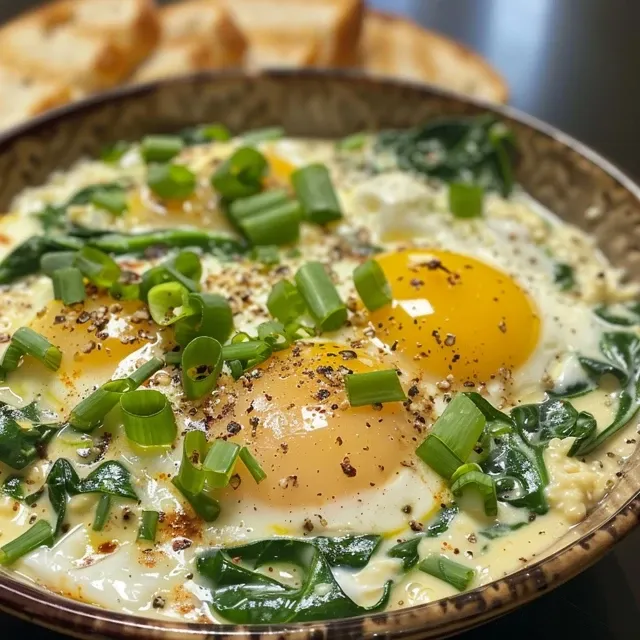 Side angle of a dish featuring creamy spinach and eggs on a plate.