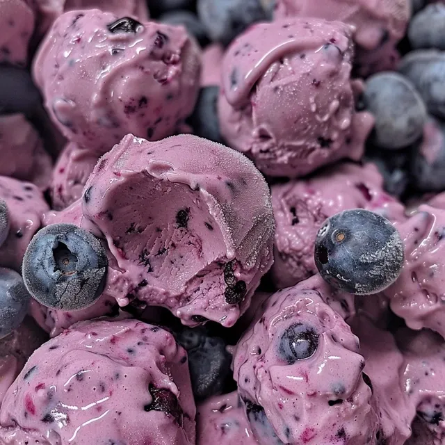 Side view of small Frozen Blueberry Greek Yogurt Clusters with blueberries scattered around.