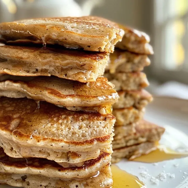 Delicious almond flour pancakes stacked on a plate, topped with syrup.