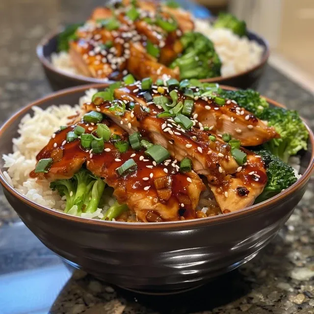 Side view of a vibrant sticky chicken bowl featuring chunks of chicken, rice, and vegetables.