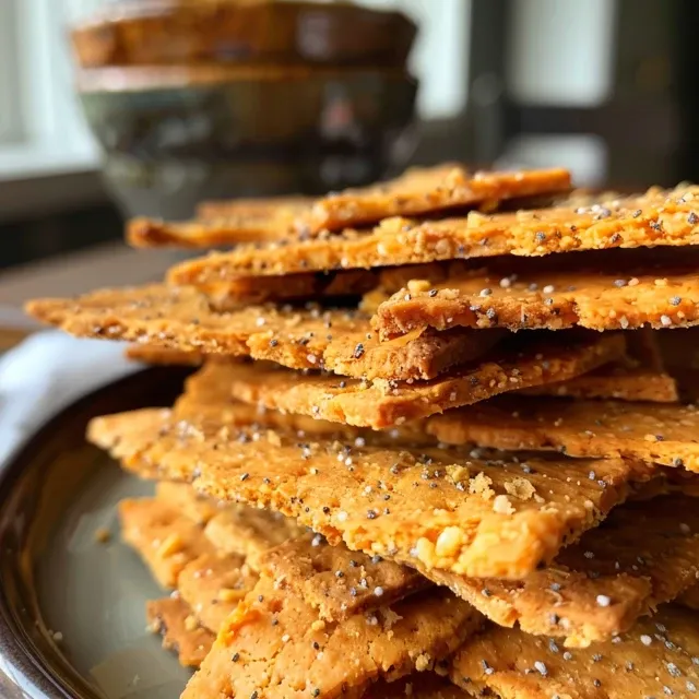 Side view of a stack of vegan cheese crackers, showcasing their crunchy surface and cheesy appearance.