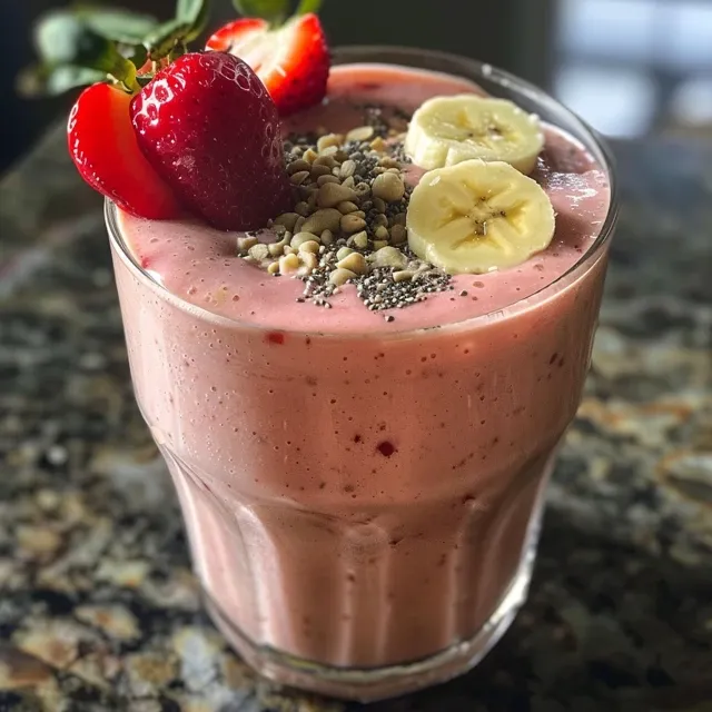 Side view of a vibrant peanut butter banana smoothie garnished with nuts.