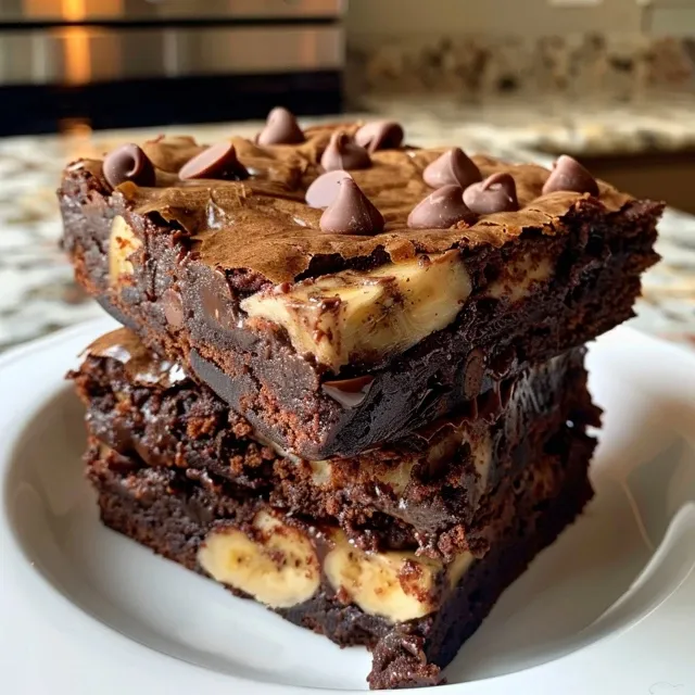 Side view of freshly baked banana brownies, showing their fudgy texture and melted chocolate.