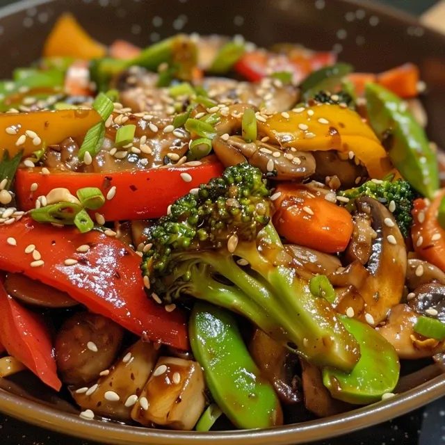 Juicy stir fry showcasing red and yellow peppers alongside green vegetables.