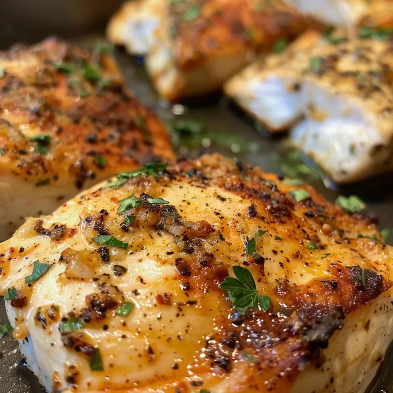 Juicy baked chicken breast with golden spices on a white plate.