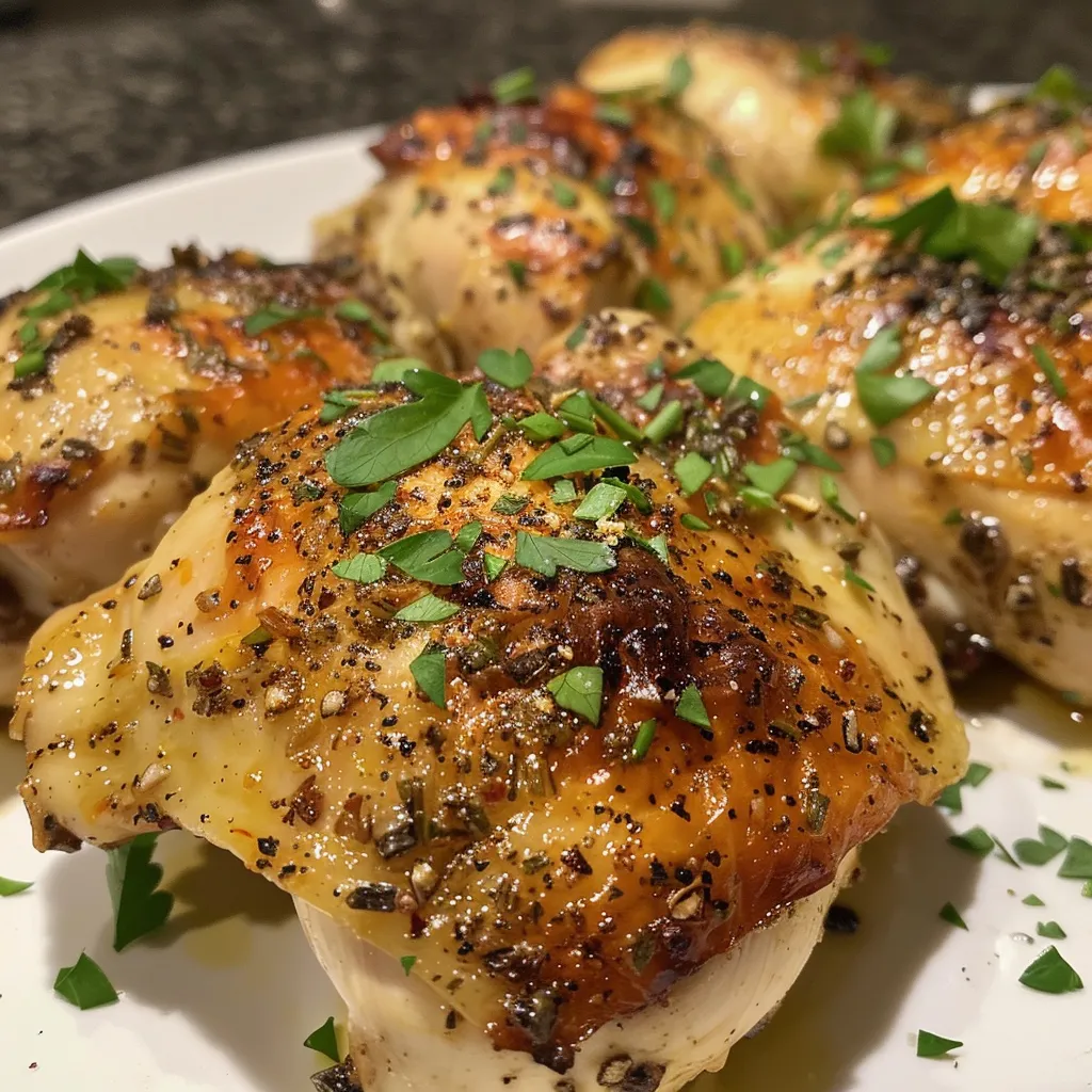 Close-up of perfectly cooked chicken breast drizzled with olive oil and herbs.
