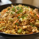 Juicy chicken chow mein with colorful vegetables in a close-up view.