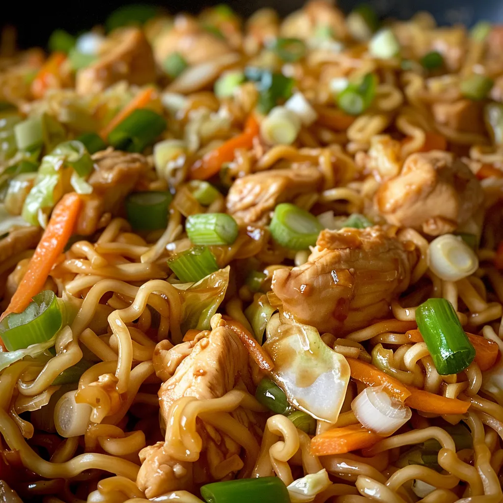A vibrant plate of chicken chow mein with noodles and fresh veggies.