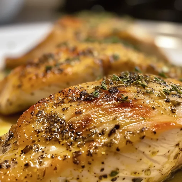 Close-up of juicy, cooked chicken fillets garnished and plated.