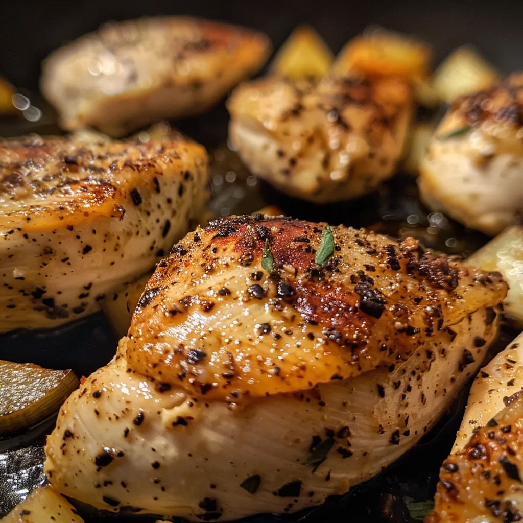Side view of a succulent chicken dinner highlighted on a plate.